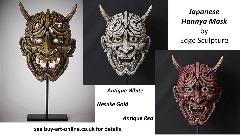 Japanese-Hannya-Mask-Antique-White-Antique-Red-Nesuke-Gold-Edge-Sculpture-Matt-Buckley