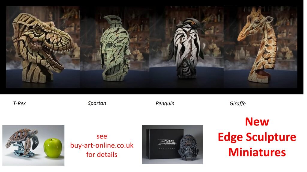 Miniature Edge Sculptures of Giraffe, Penguin, Spartan and a T-Rex.